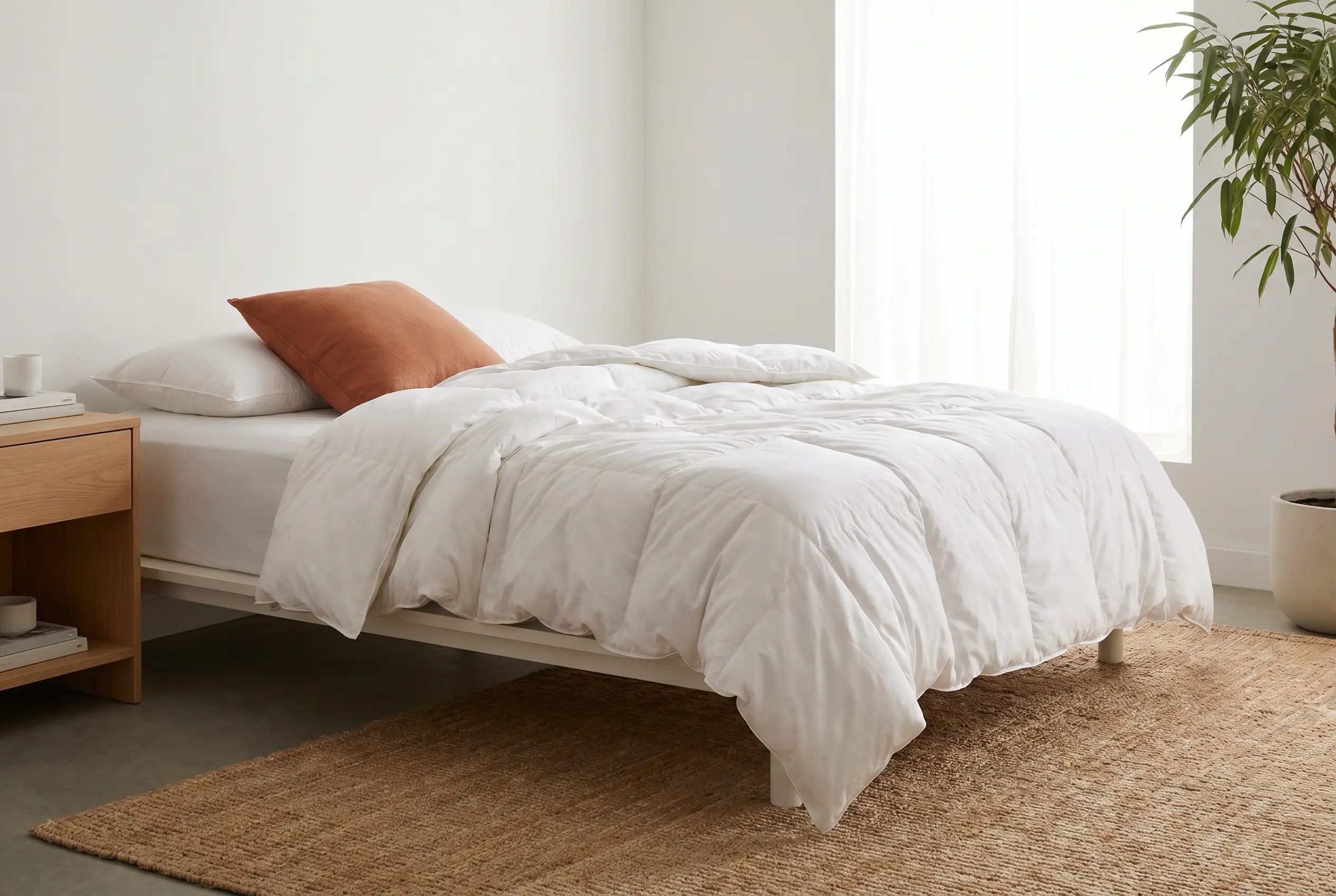 A simple white down-alternative comforter on a clean, bright bed
