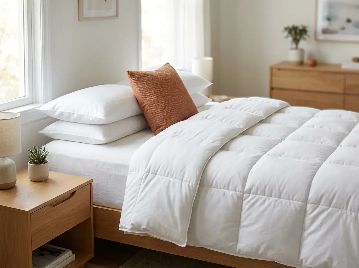 A soft white down-alternative comforter on a simple, bright bed — an everyday Amazon-style pick.
