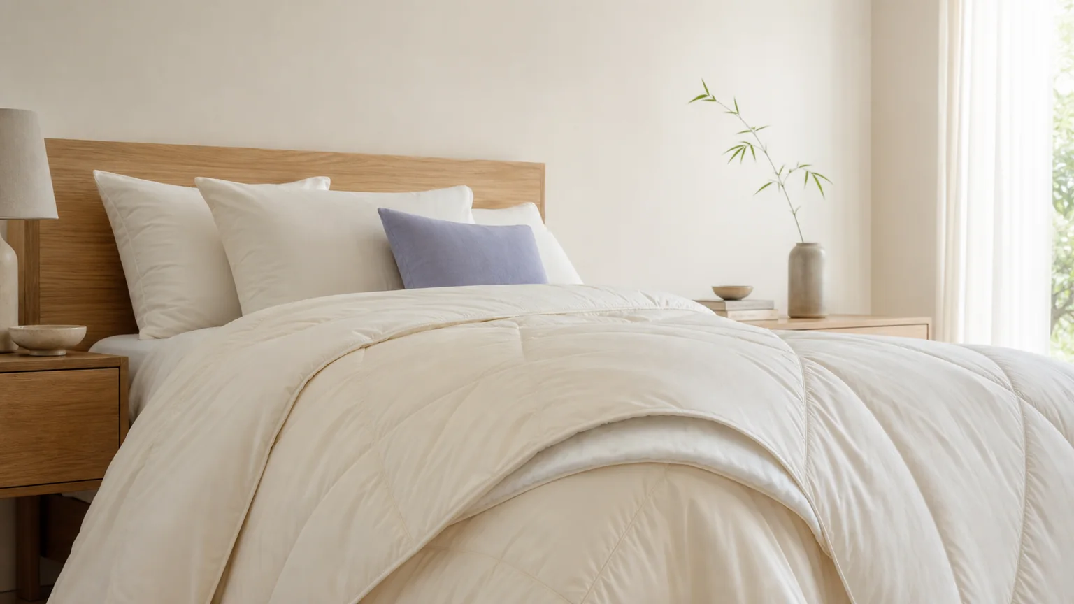 An ivory bamboo-derived comforter with a light, smooth drape in an airy bedroom.
