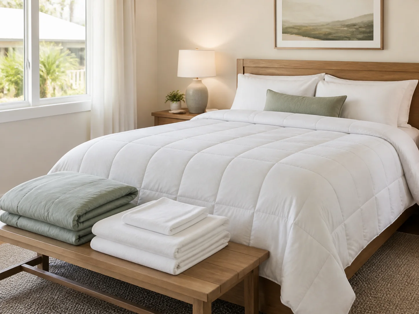 A crisp white box-stitched comforter and folded spare linens in a bright vacation-rental bedroom.