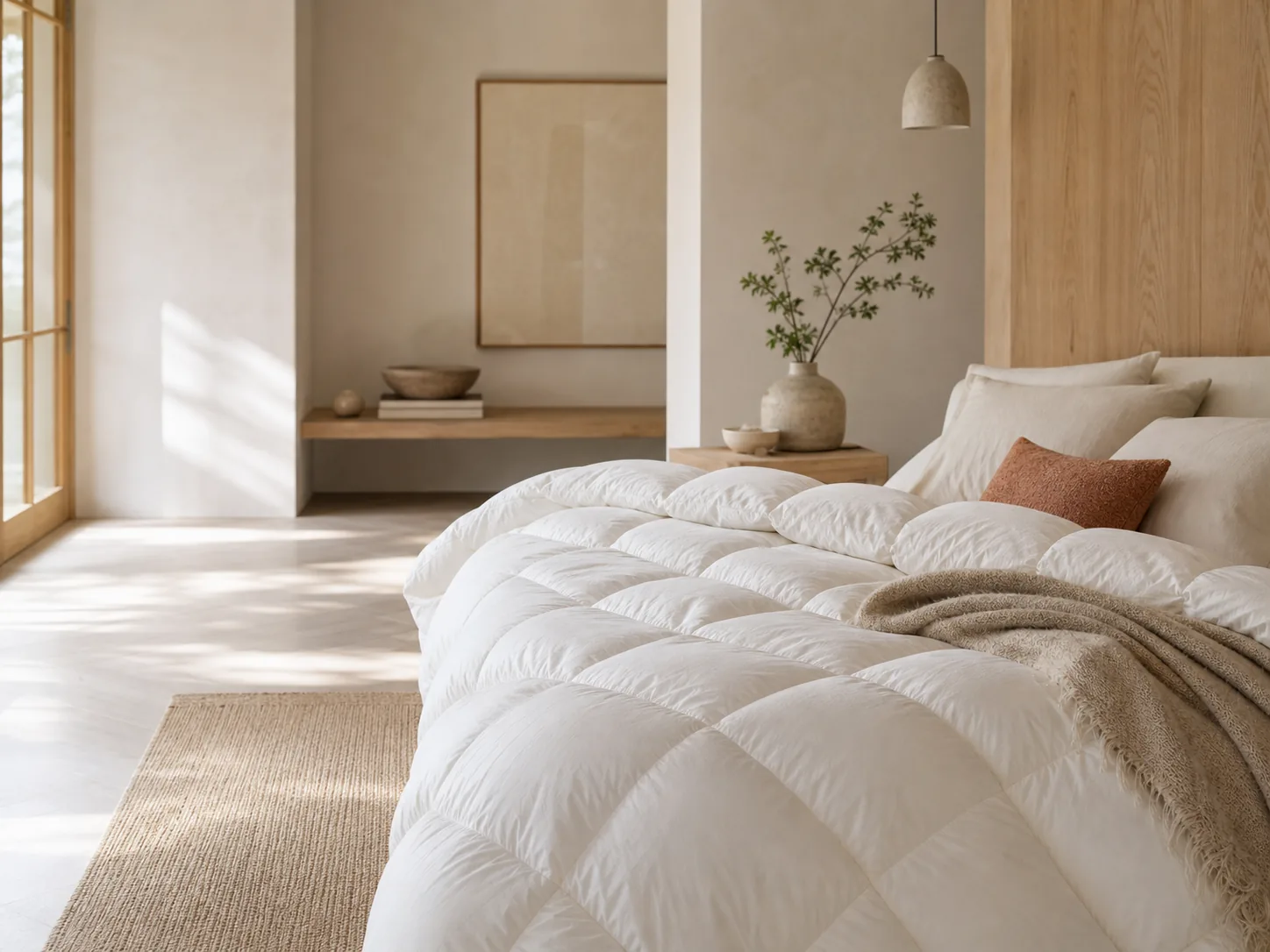 A bright bedroom with a naturally textured white comforter and an oatmeal wool throw.