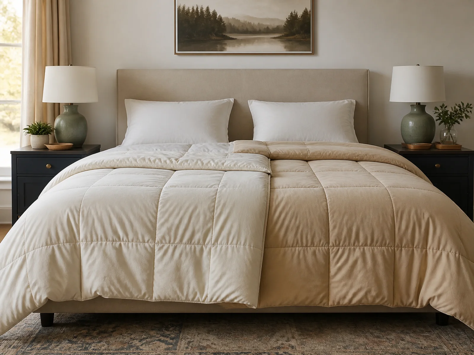 King bed arranged with separate light ivory and warmer beige comforter halves for two sleepers