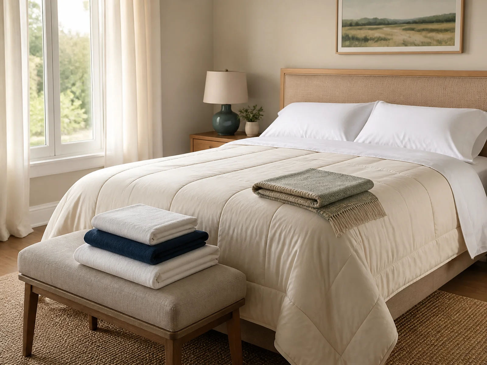 Welcoming guest bedroom with an ivory comforter, white sheets and a folded extra blanket