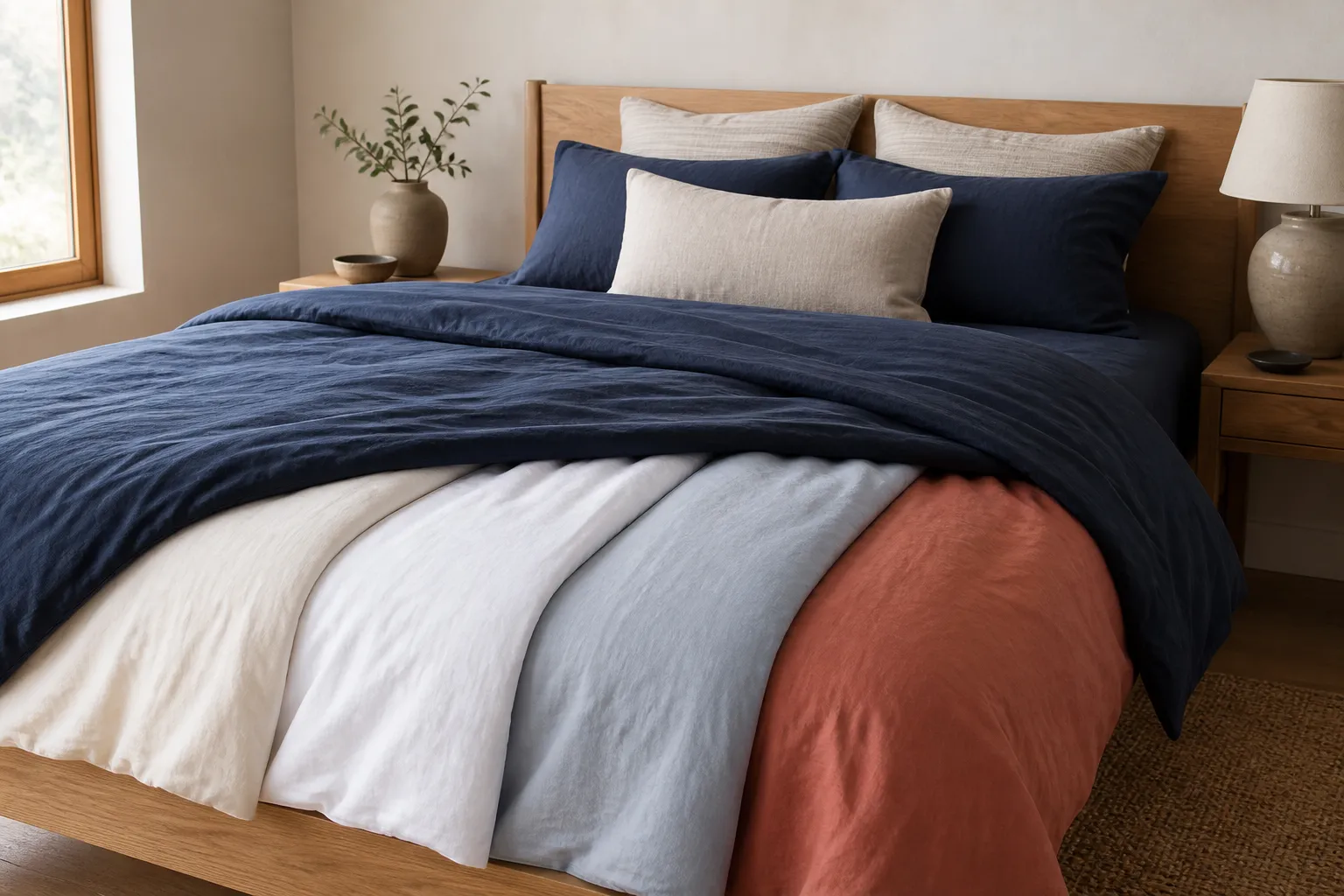 Navy blue comforter folded over warm ivory, white, pale blue-gray and muted terracotta sheet fabrics in a warm oak bedroom