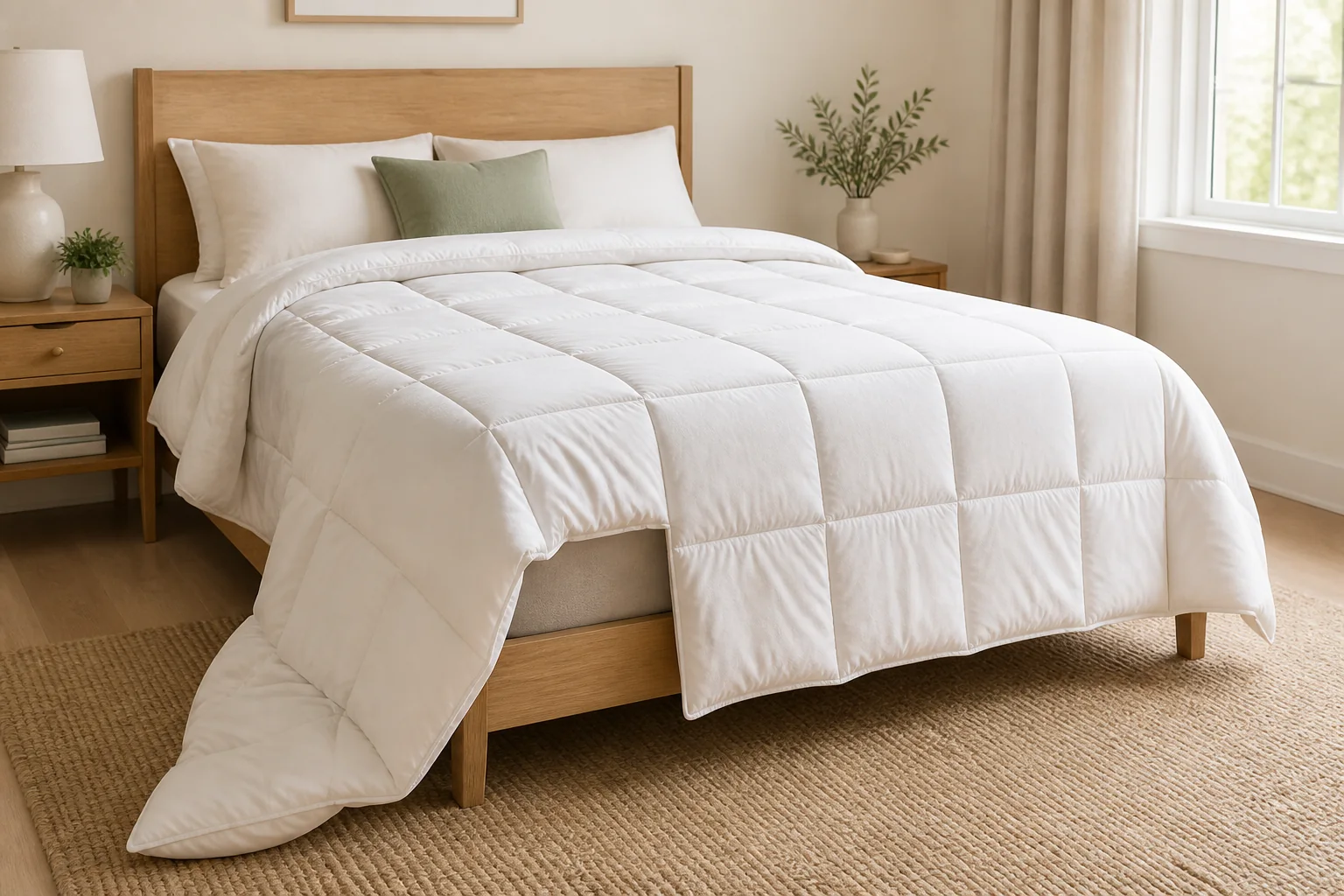 White quilted comforter shifted toward one side of a warm neutral bed with one corner nearly touching the floor