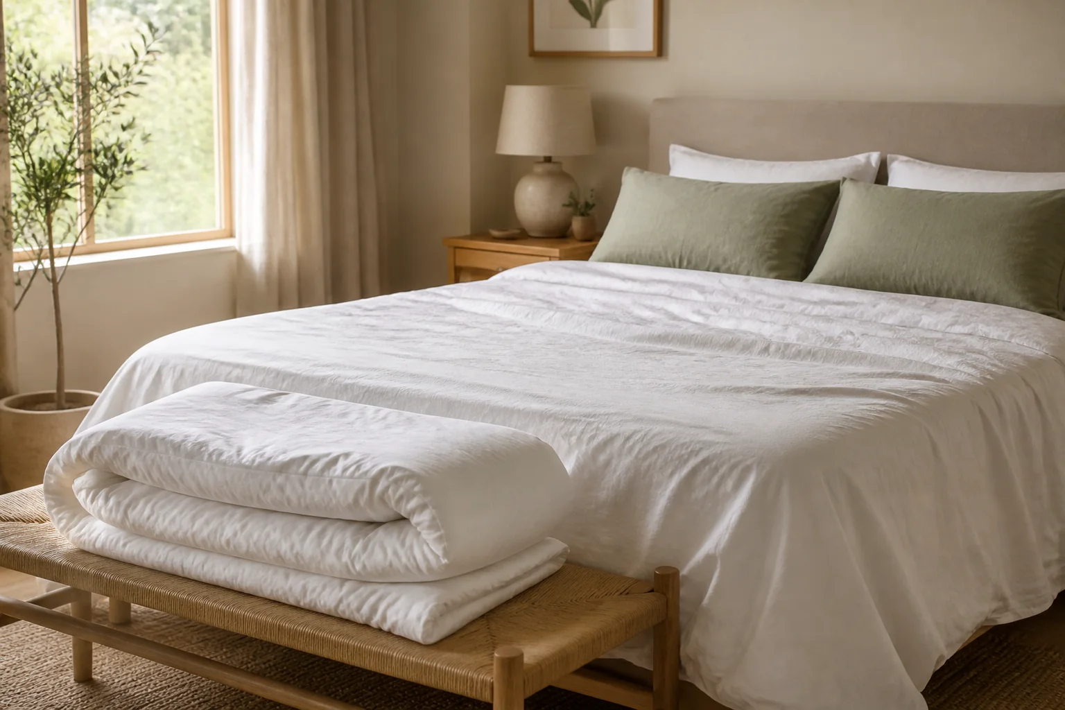Thin unfilled white duvet cover spread on a warm neutral bed with a separate fluffy duvet insert folded on a bench