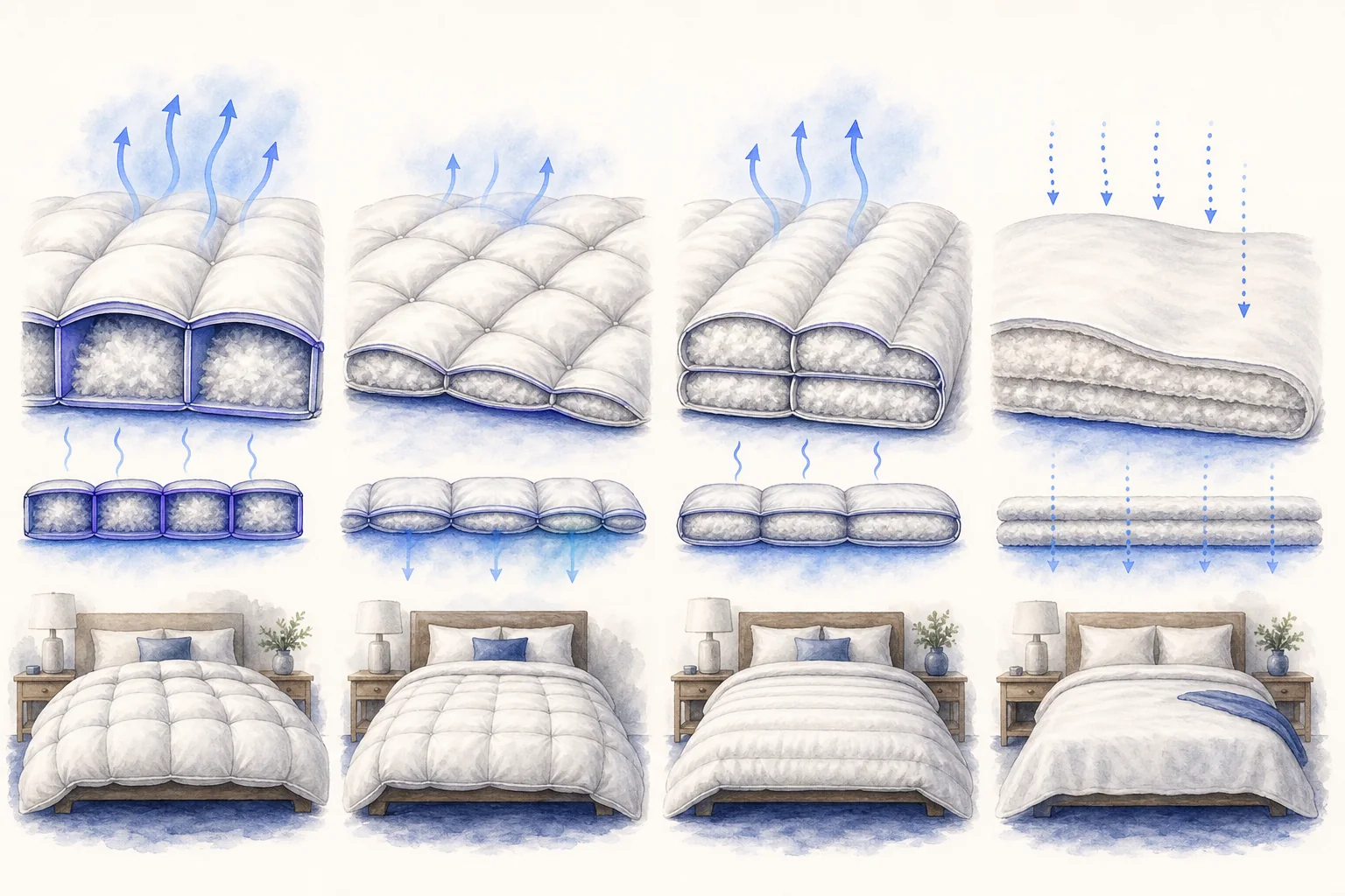 Cutaway comparison of baffle-box, sewn-through, channel and layered comforter construction