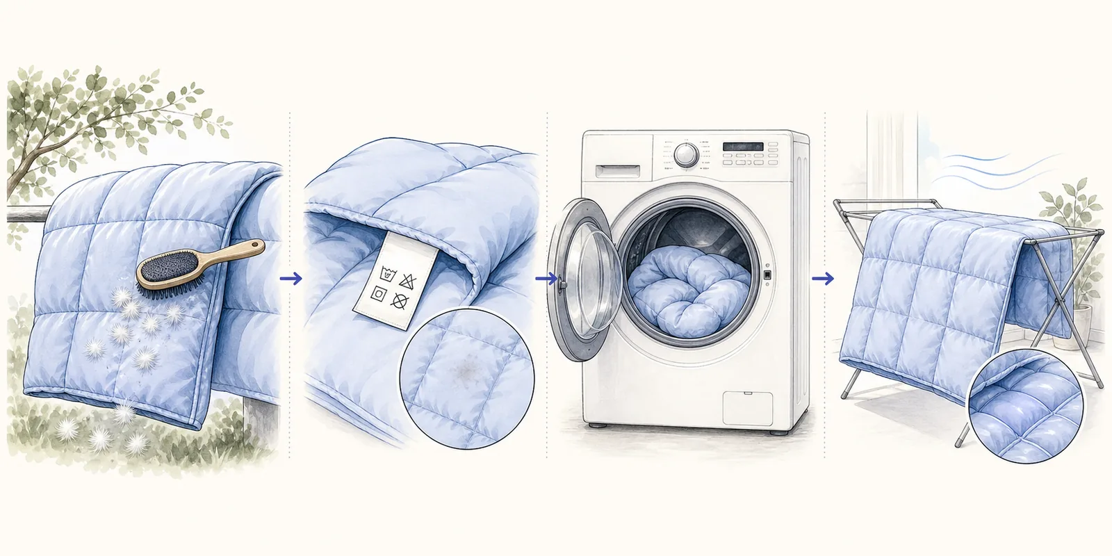 Illustrated dry-first sequence for brushing, checking, washing and drying a comforter