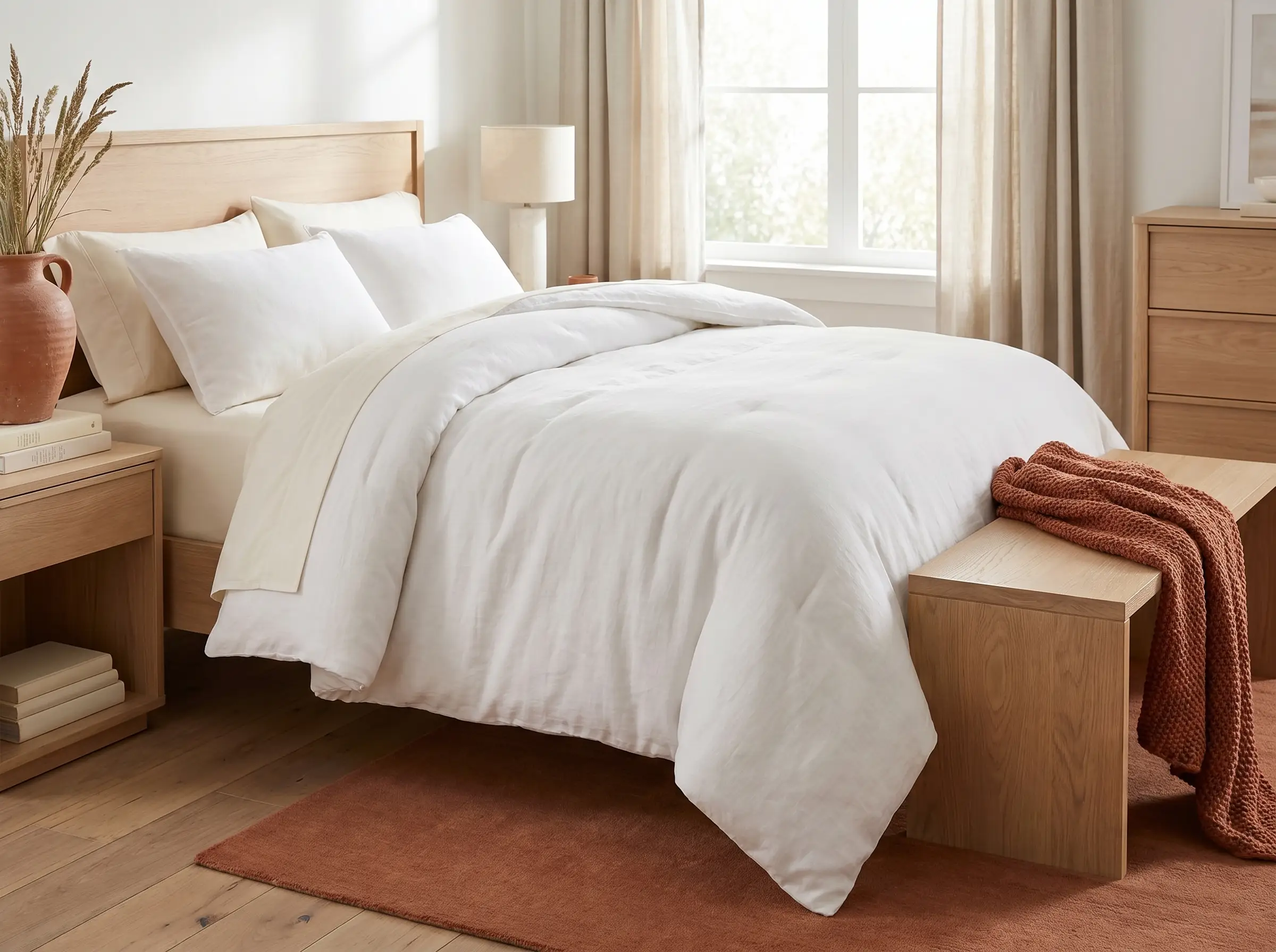 A neatly made bed with a plush white comforter in a calm, bright bedroom.