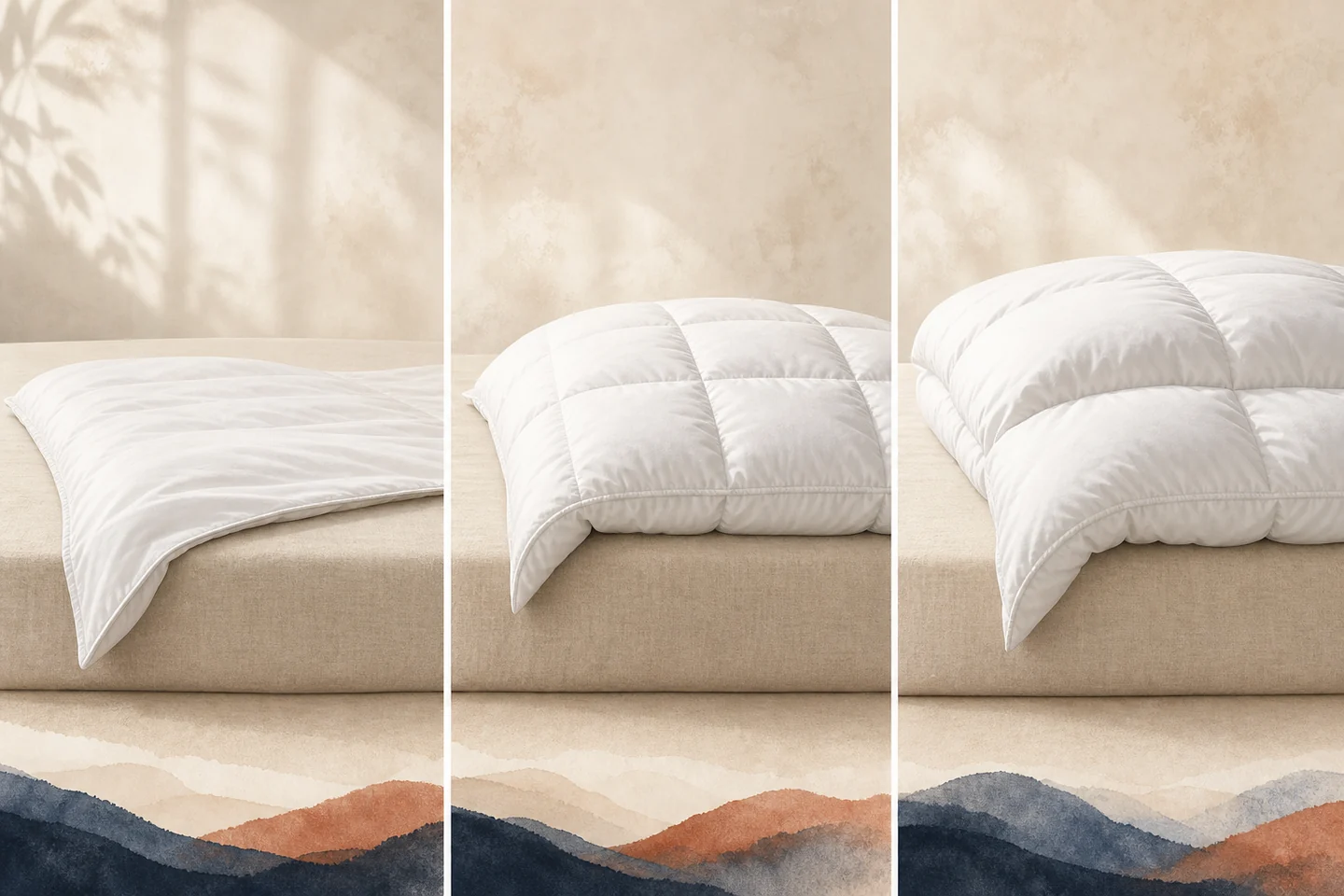 Low, medium and high comforter loft profiles shown side by side