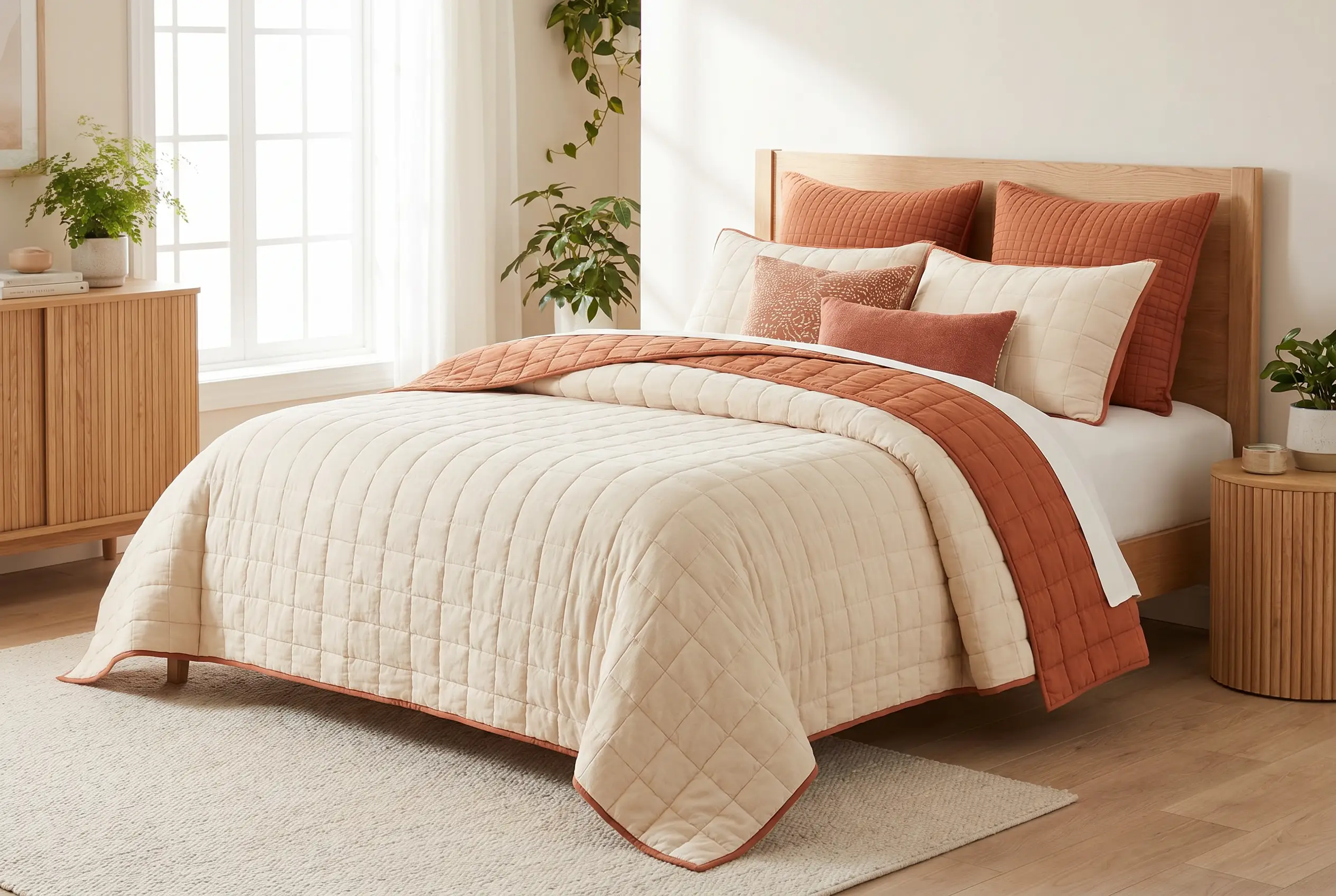 A coordinated comforter set with matching shams and decorative cushions