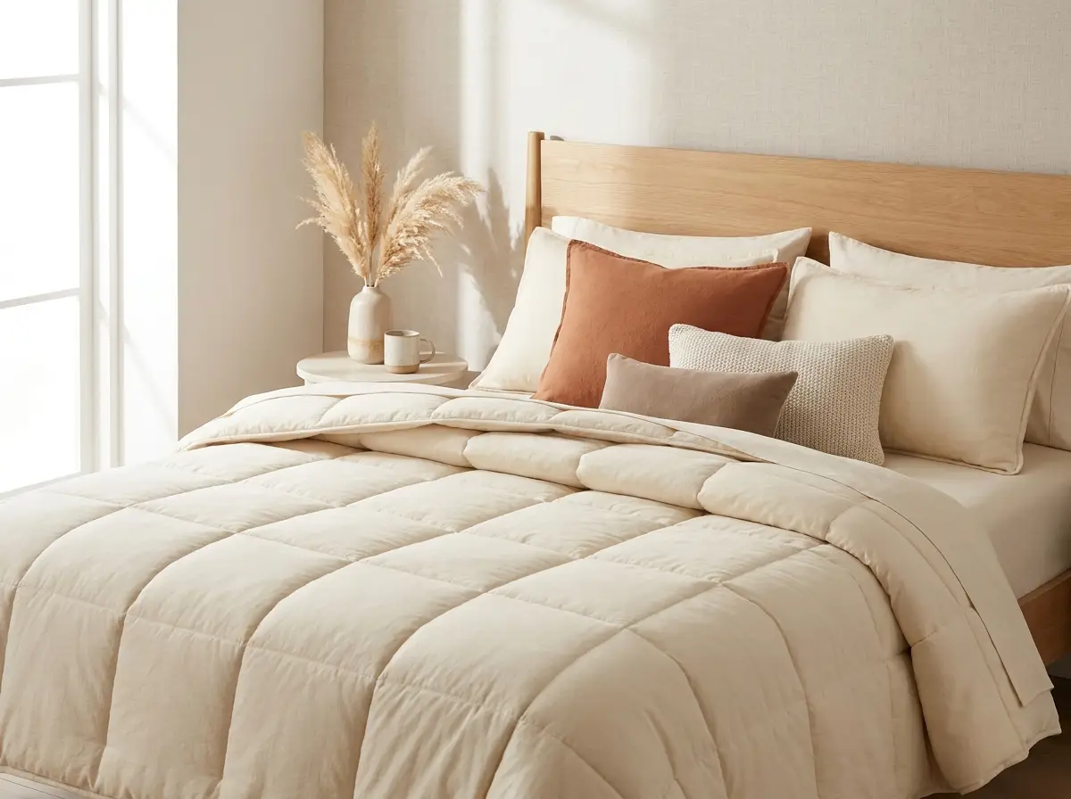 A bed dressed in a coordinated comforter set with matching shams and decorative pillows in a warm, bright bedroom.