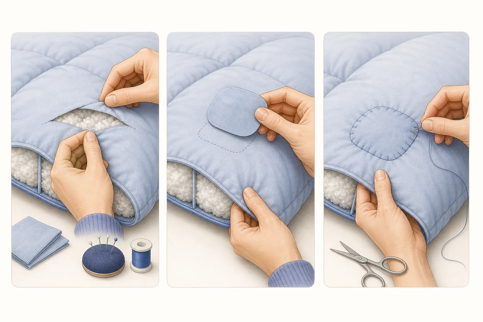 Illustrated sequence showing safe containment, a rounded fabric patch and neat hand stitches on a comforter shell