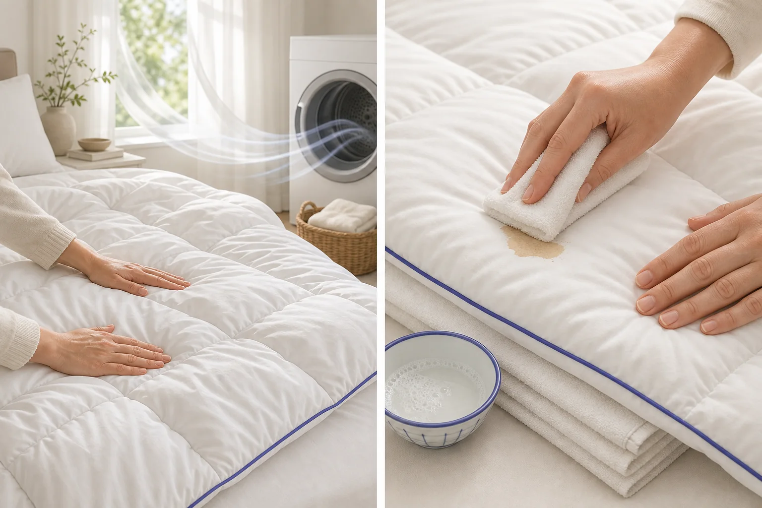 White towel blotting a small stain while dry towels protect the comforter fill underneath