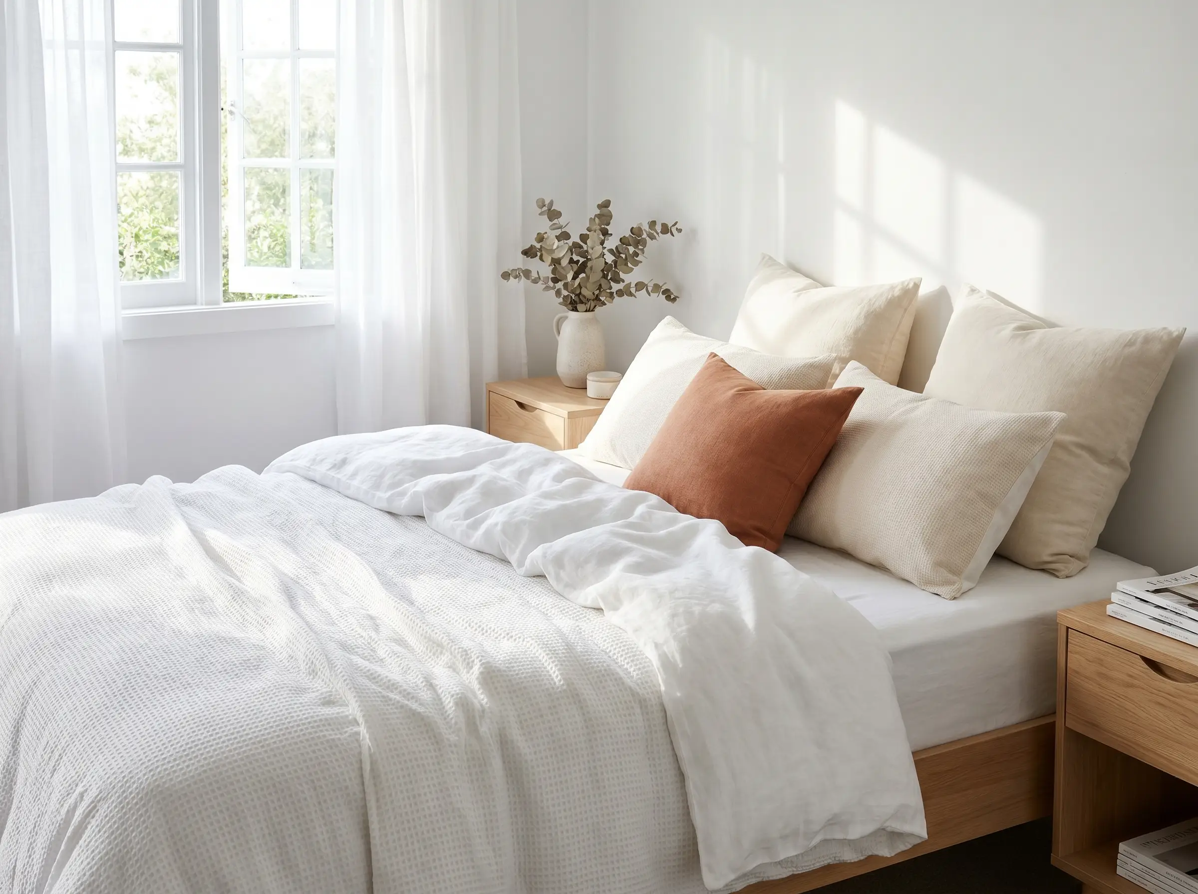 A breathable white comforter on a bed in a bright, airy bedroom.