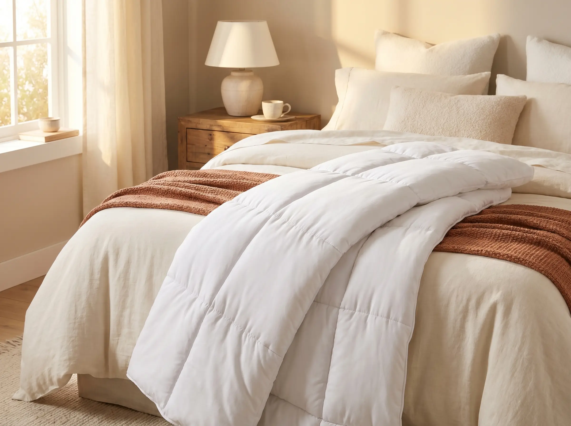 A fluffy white down-alternative comforter on a neatly made bed.