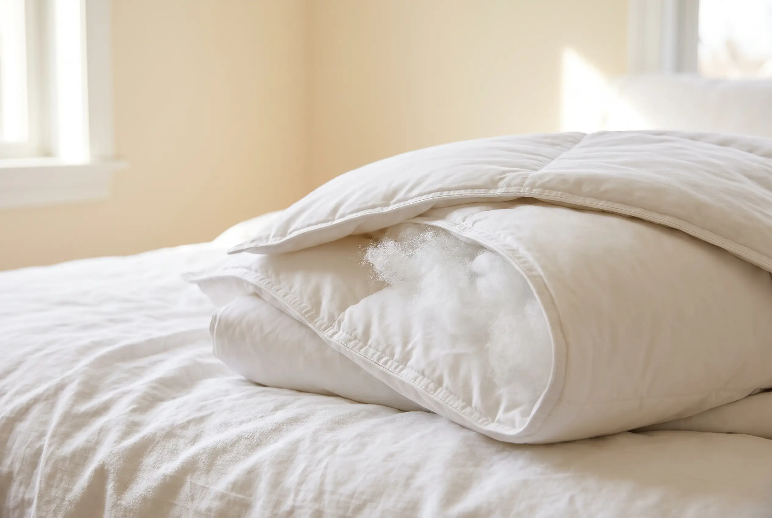 Close-up of a fluffy white down-alternative comforter corner