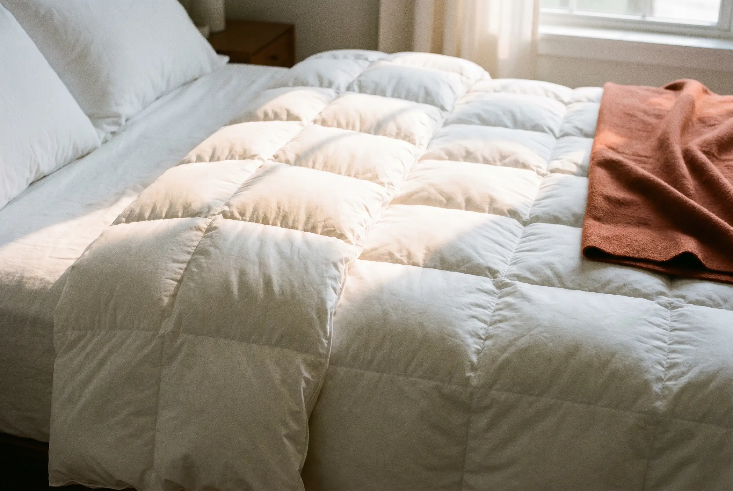 Close-up of a white down comforter's baffle-box channels and lofty fill