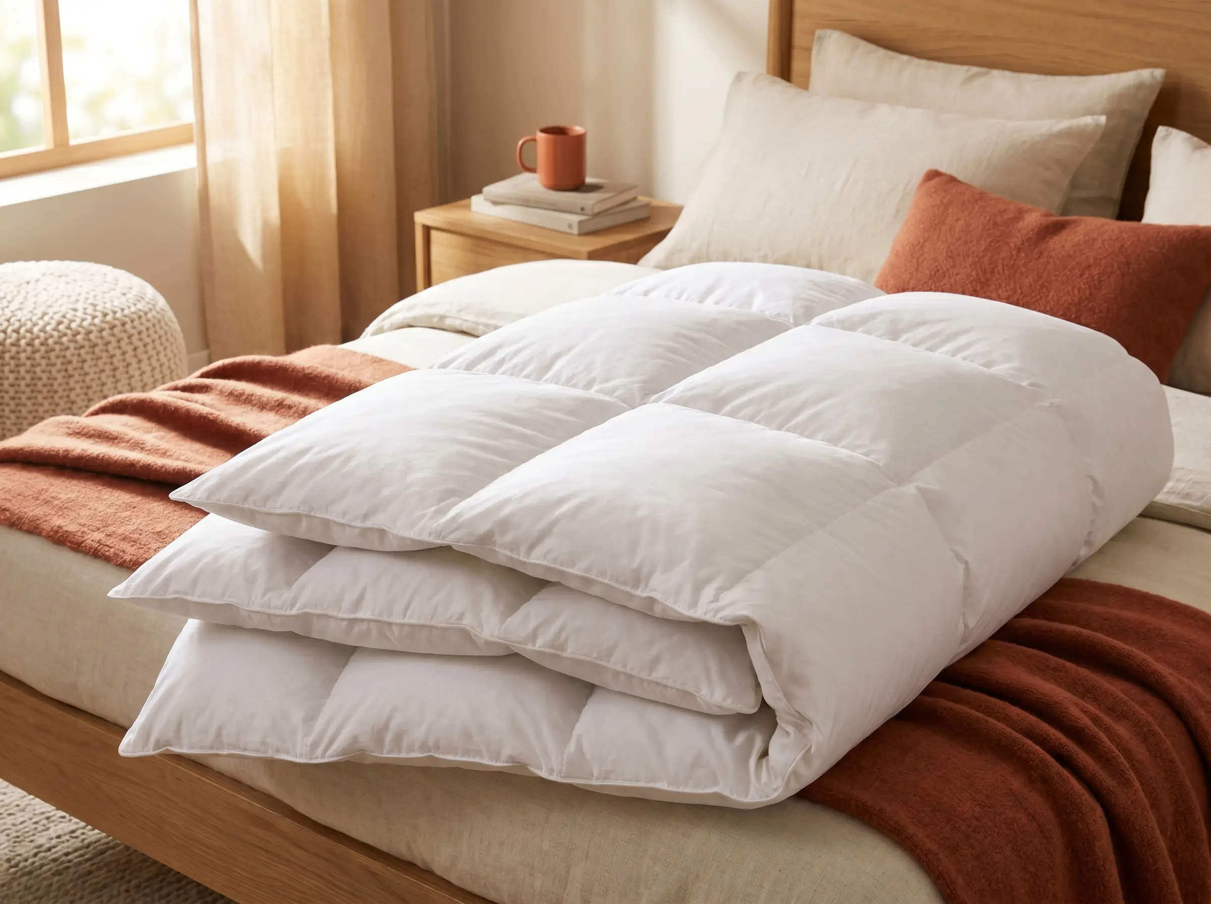 A plush, lofty white down comforter on a neatly made bed.