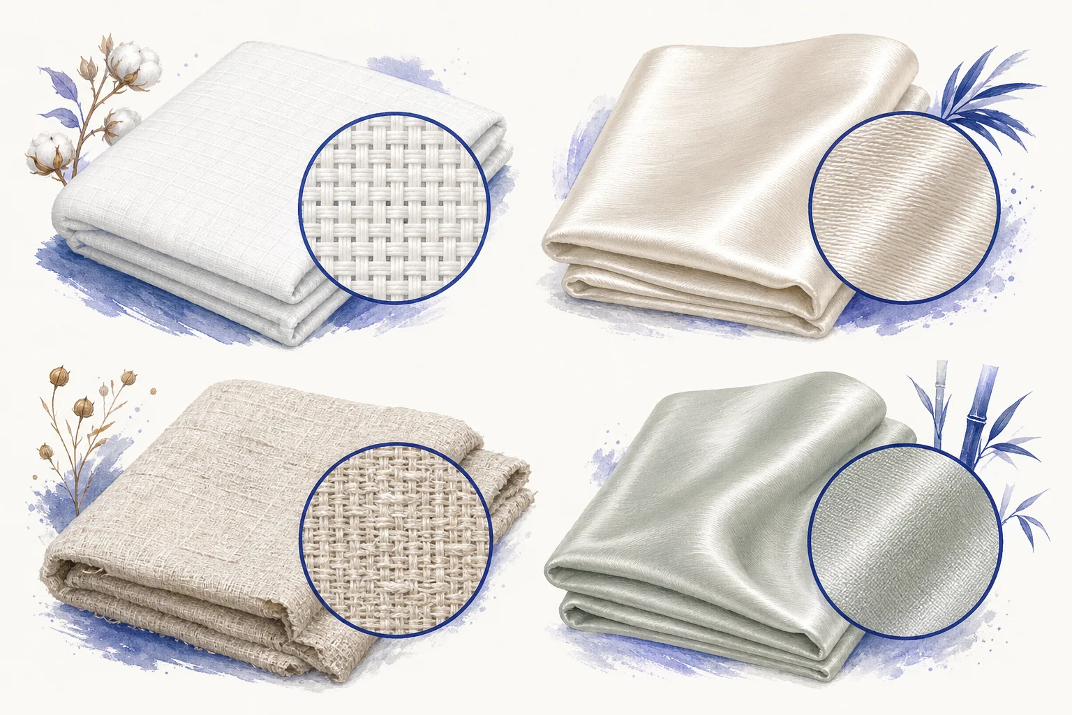 Close-up comparison of percale, sateen, linen and smooth plant-based duvet-cover fabrics