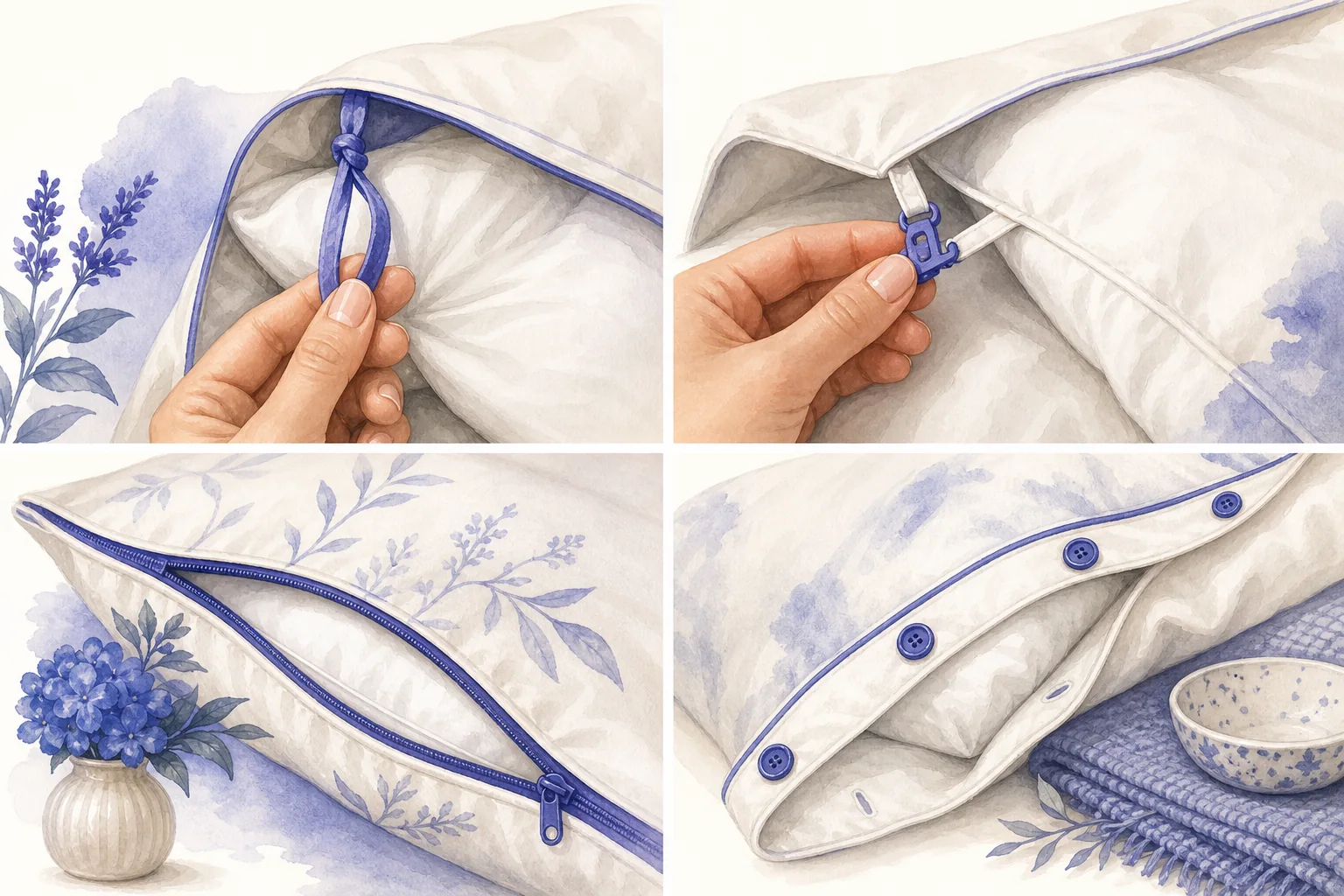 Duvet cover corner tie, clip, zipper and button fastening details