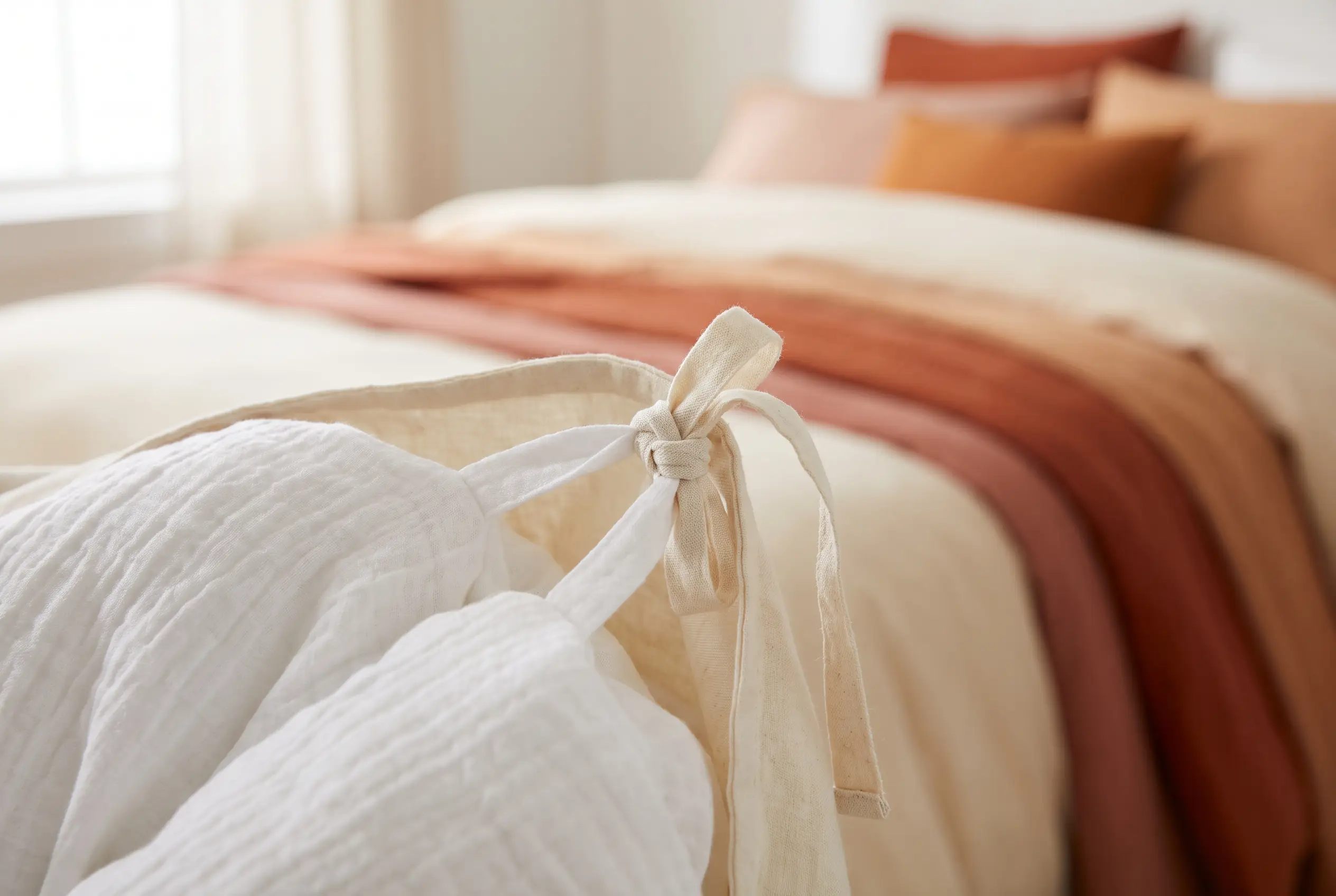 A white duvet insert's corner loop tied into the inner ribbon of its cover