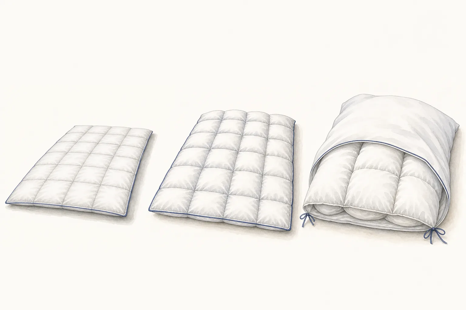 Three duvet inserts progressing from flatter sewn-through construction to high baffle-box loft