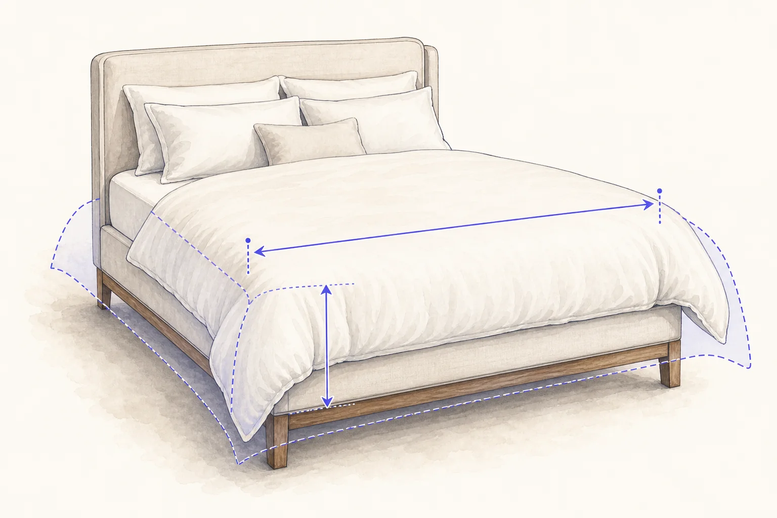Comforter on a bed with width and side-drop measurement guides