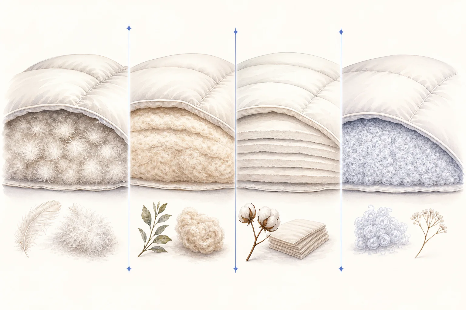 Cutaway comparison of down clusters, wool, cotton batting and synthetic microfiber fill