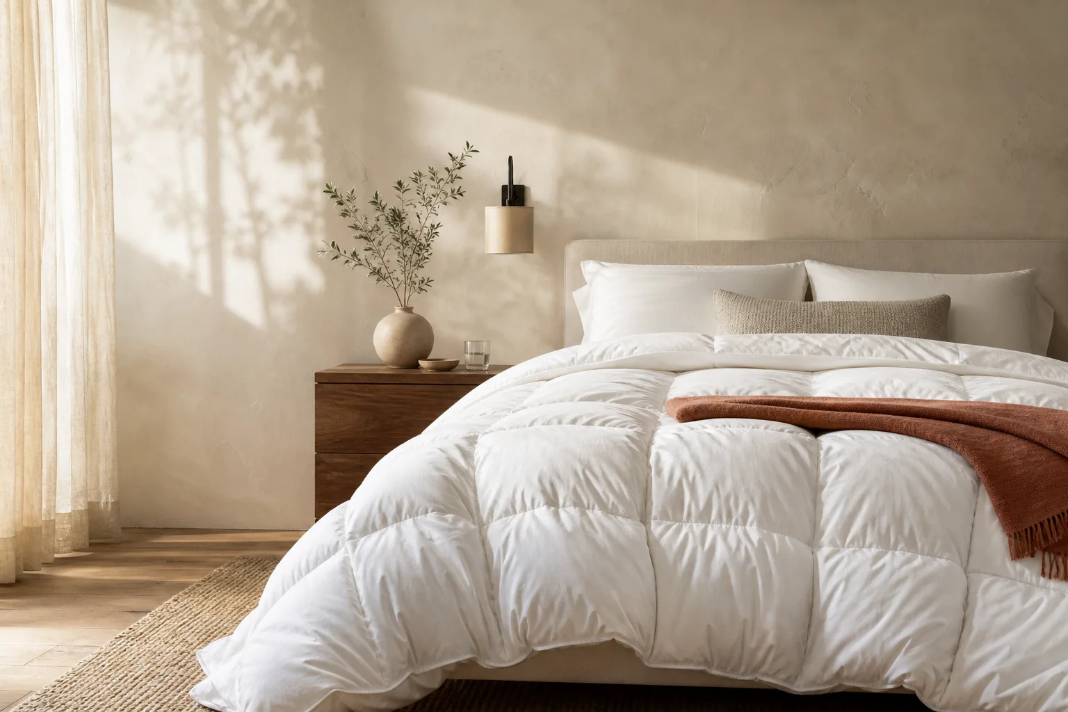 A bright refined bedroom with a lofty white comforter
