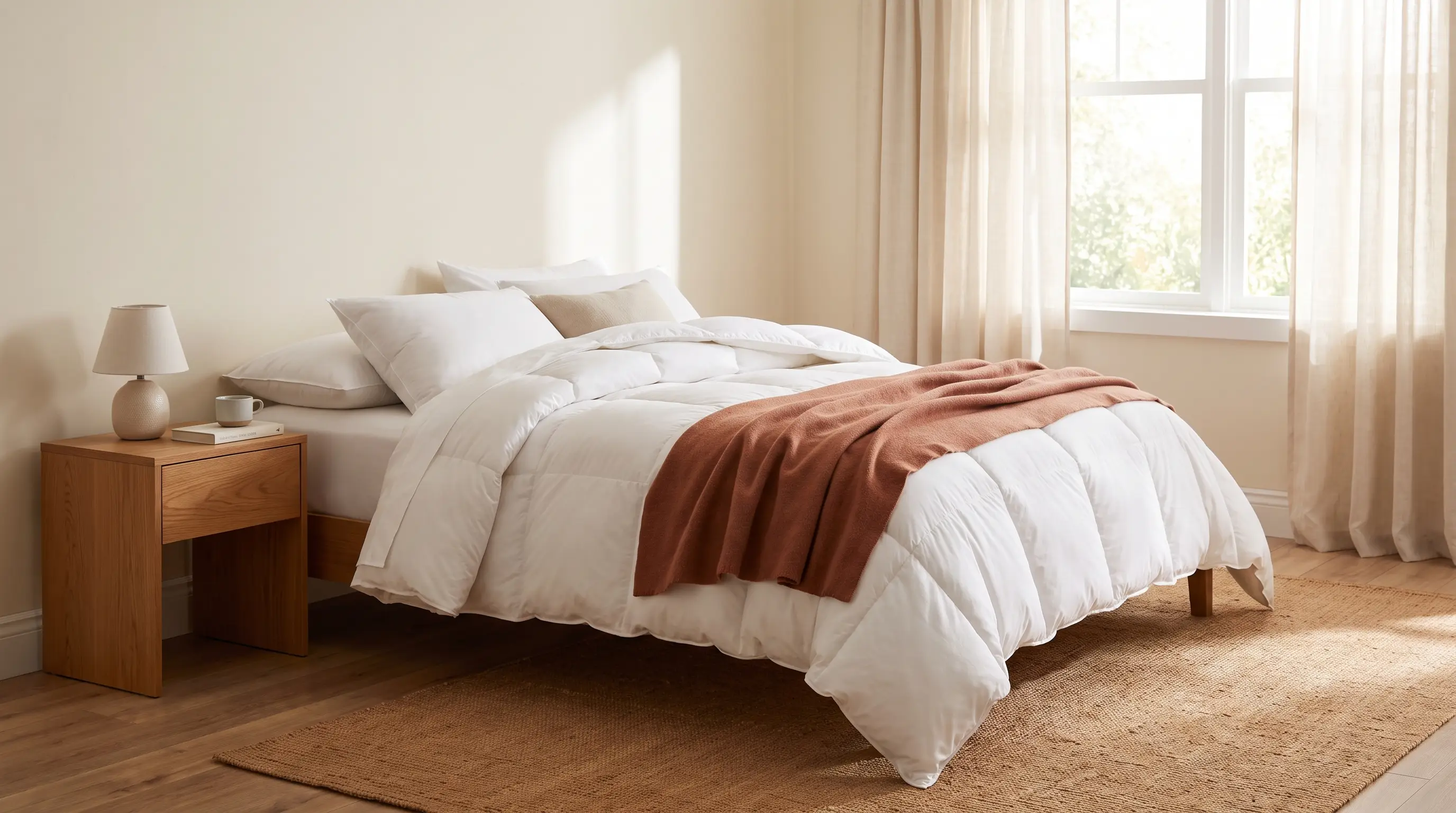 A neatly made bed with a plush white comforter and a folded terracotta throw in a calm, sun-lit bedroom.