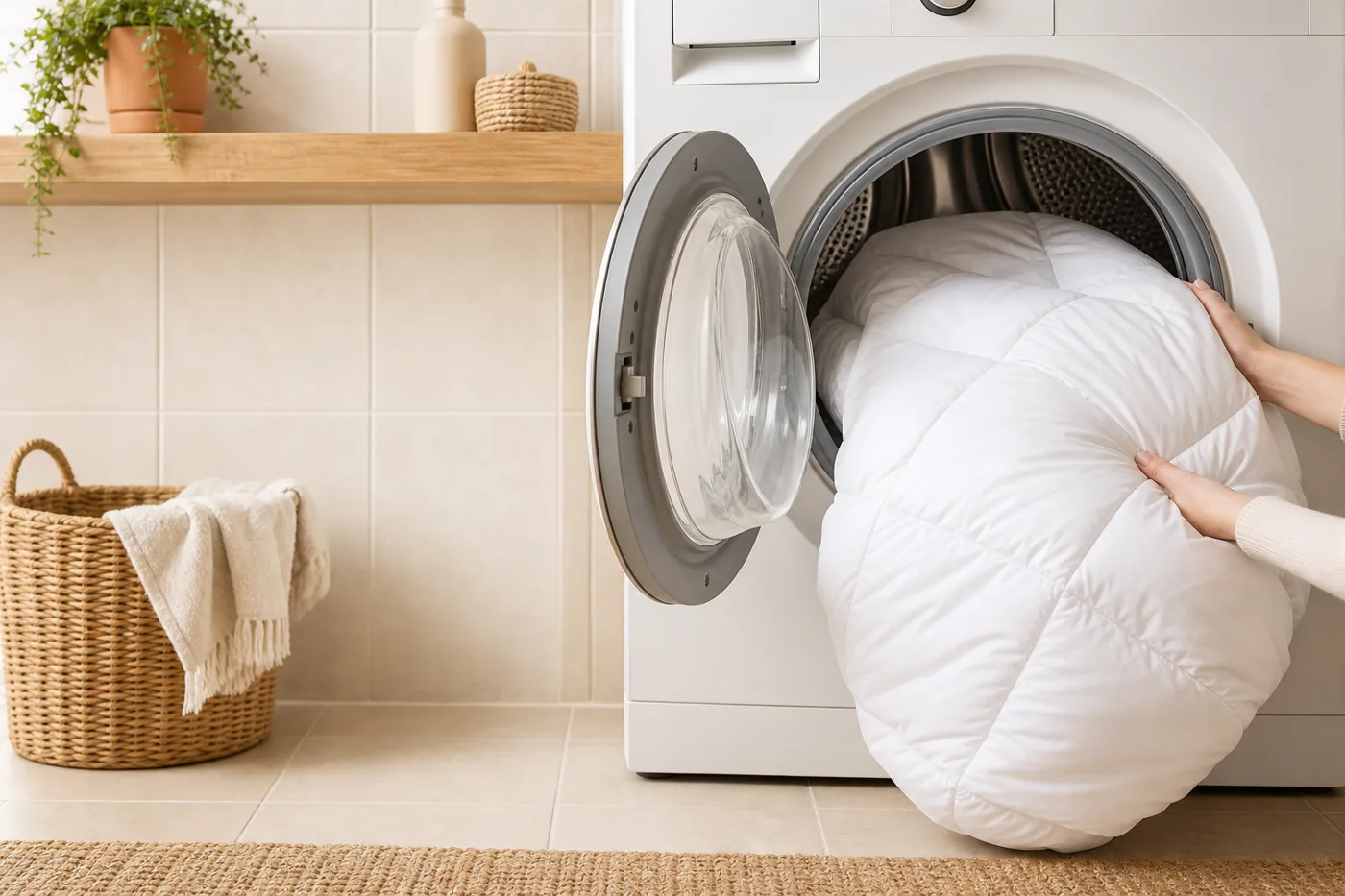 A lofty white comforter being placed into a large front-loading washer in a warm, tidy laundry room.