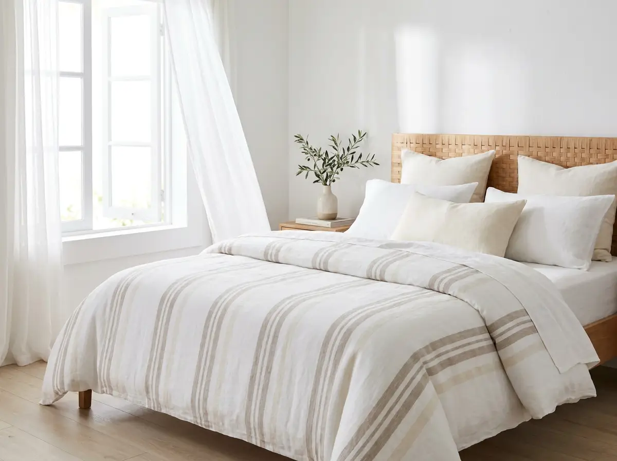 A bed made with a light, breezy summer comforter near an open window with sheer curtains in a bright bedroom.
