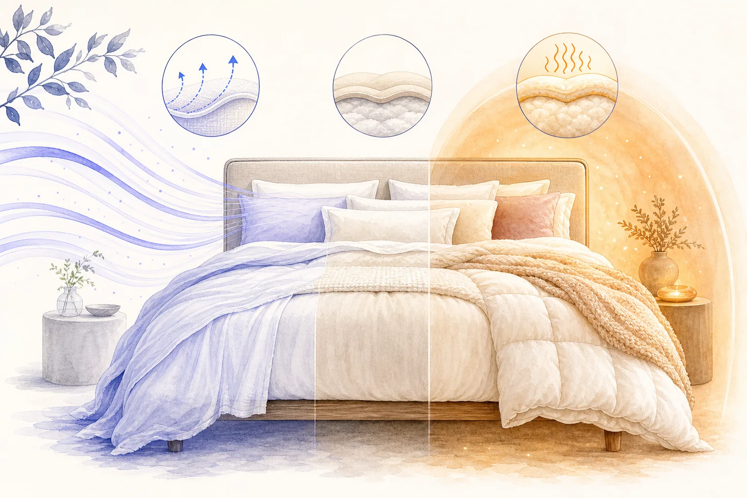 Bed transitioning from breathable summer layers to lofty insulated winter bedding