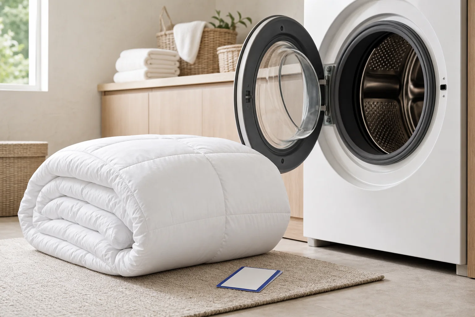A clean box-stitched comforter beside an open large-capacity front-loading washing machine.