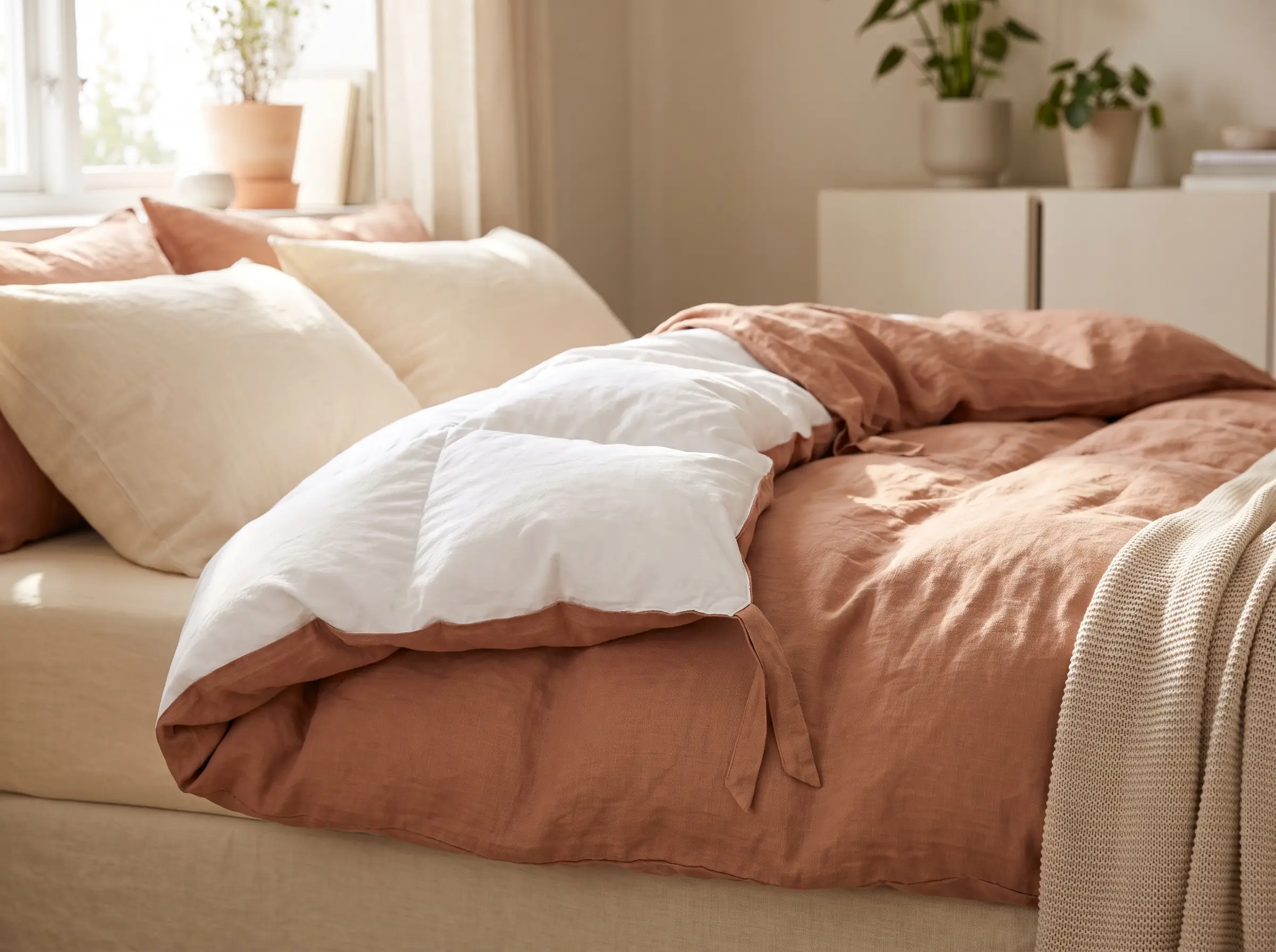 A white duvet insert being slipped into its removable cover on a neatly made bed.