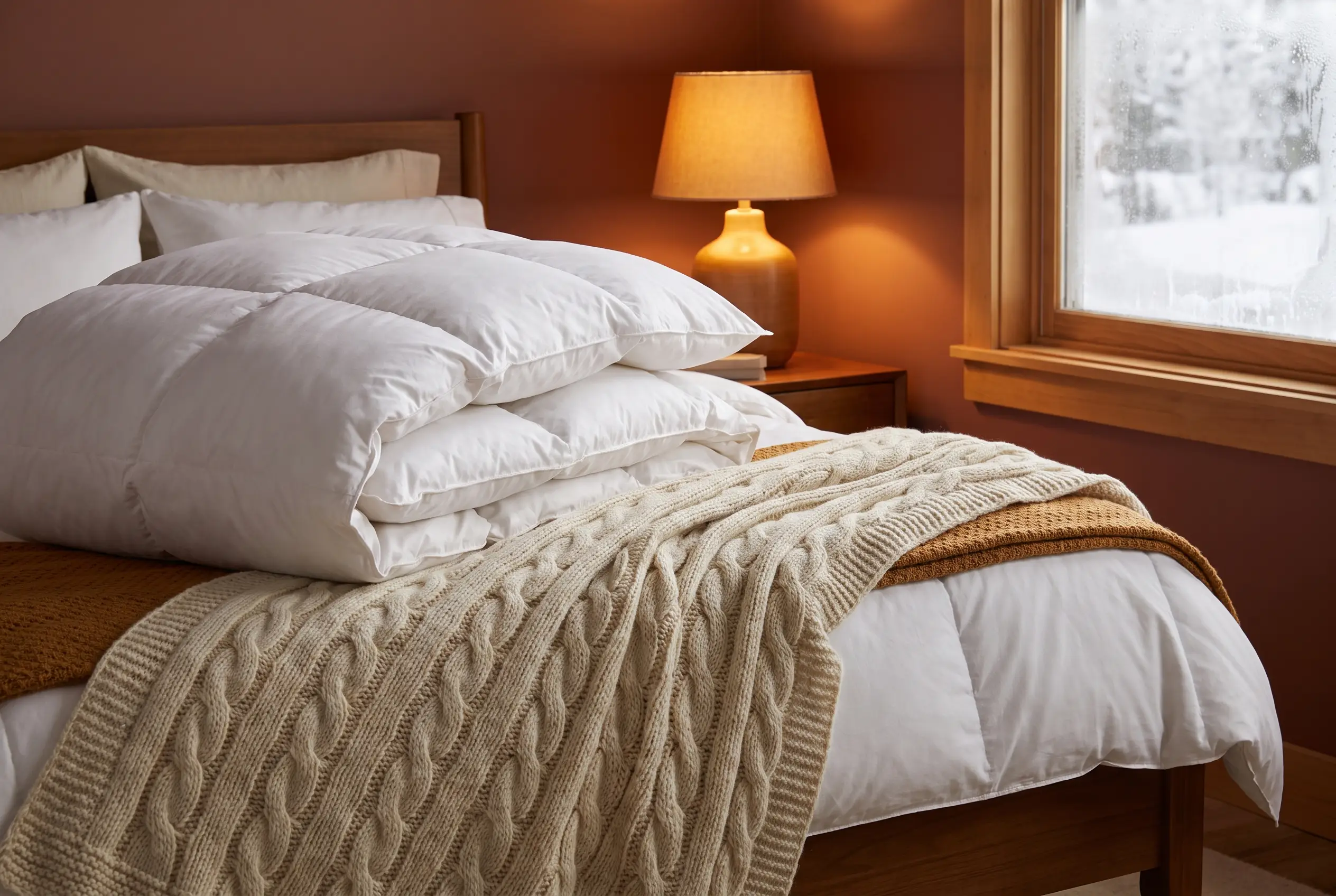 A thick winter comforter layered with a chunky knit throw