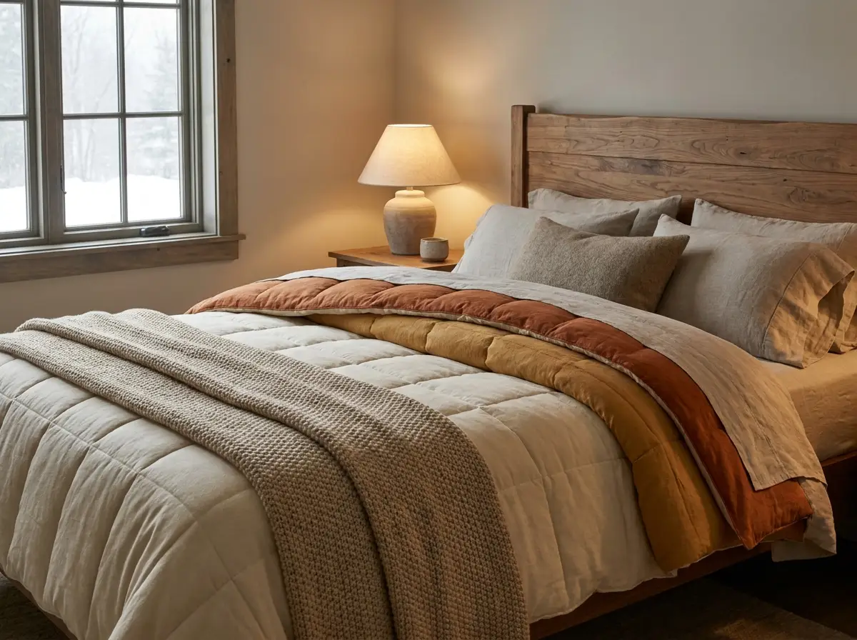 A bed made with a thick, plush winter comforter and a knit throw in a cozy, warm bedroom.